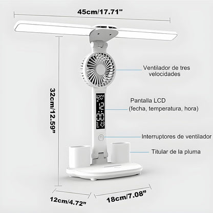 LÁMPARA DE ESCRITORIO CON VENTILADOR Y RELOJ 3 EN 1