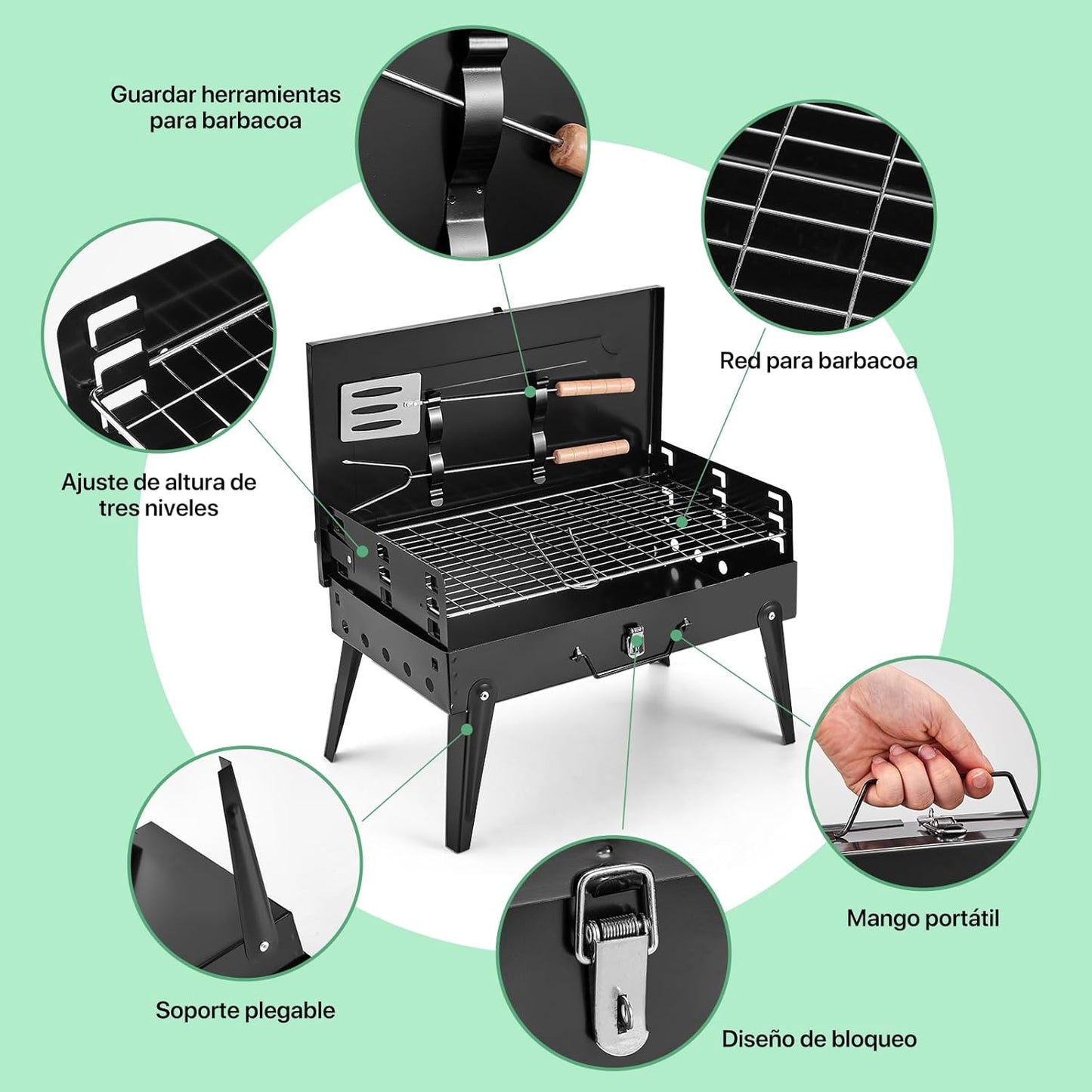 ASADOR PORTÁTIL PLEGABLE  CON  UTENSILIOS DE COCINA