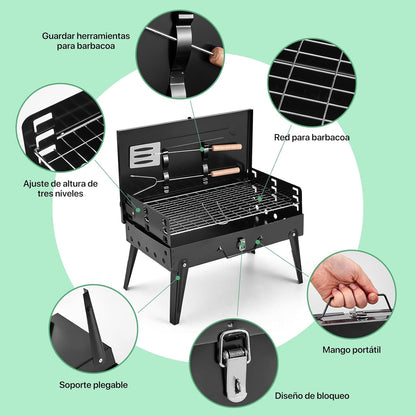 ASADOR PORTÁTIL PLEGABLE  CON  UTENSILIOS DE COCINA