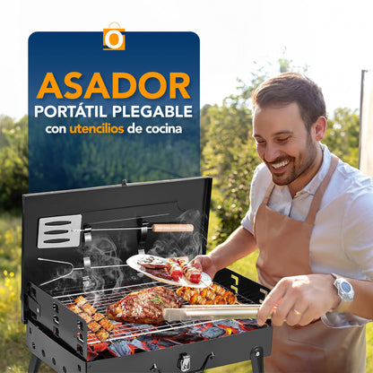 ASADOR PORTÁTIL PLEGABLE  CON  UTENSILIOS DE COCINA