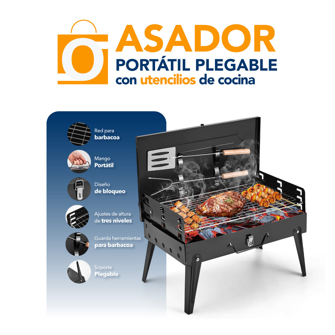 ASADOR PORTÁTIL PLEGABLE  CON  UTENSILIOS DE COCINA