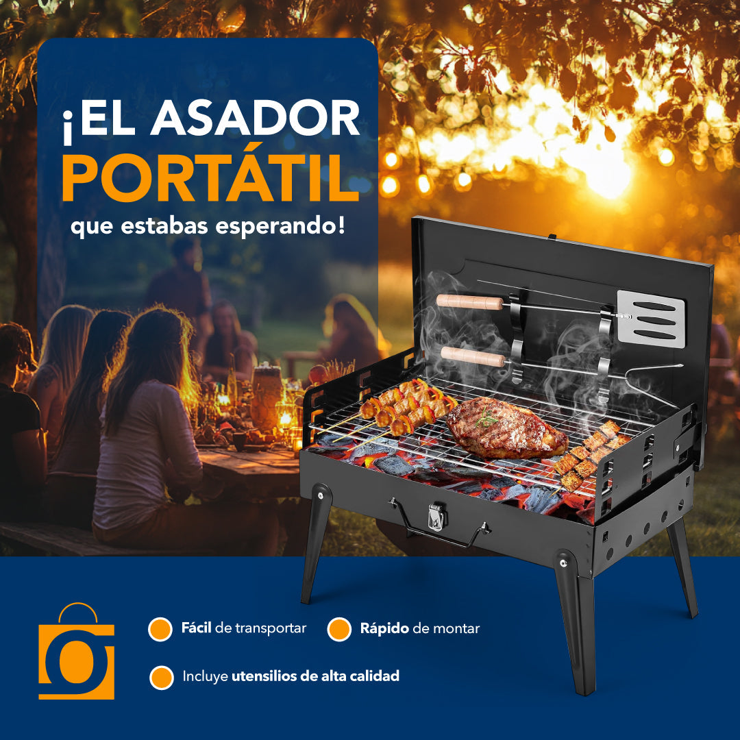 ASADOR PORTÁTIL PLEGABLE  CON  UTENSILIOS DE COCINA